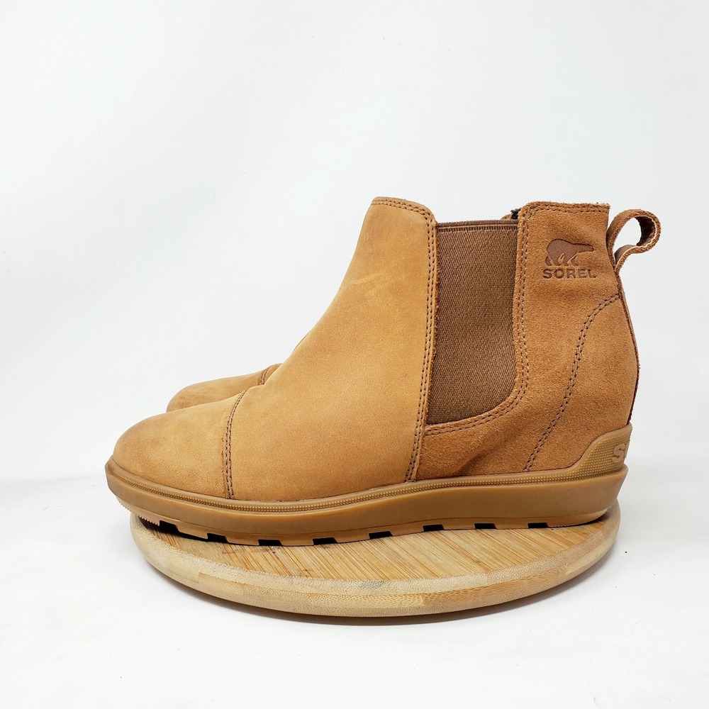Sorel Chelsea Boots Womens 7.5 Evie II Brown Leather Hidden Wedge Heel Shoes